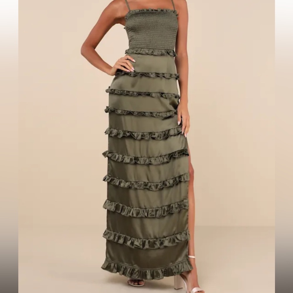 Olive Green Satin Smocked Ruffled Maxi Dress